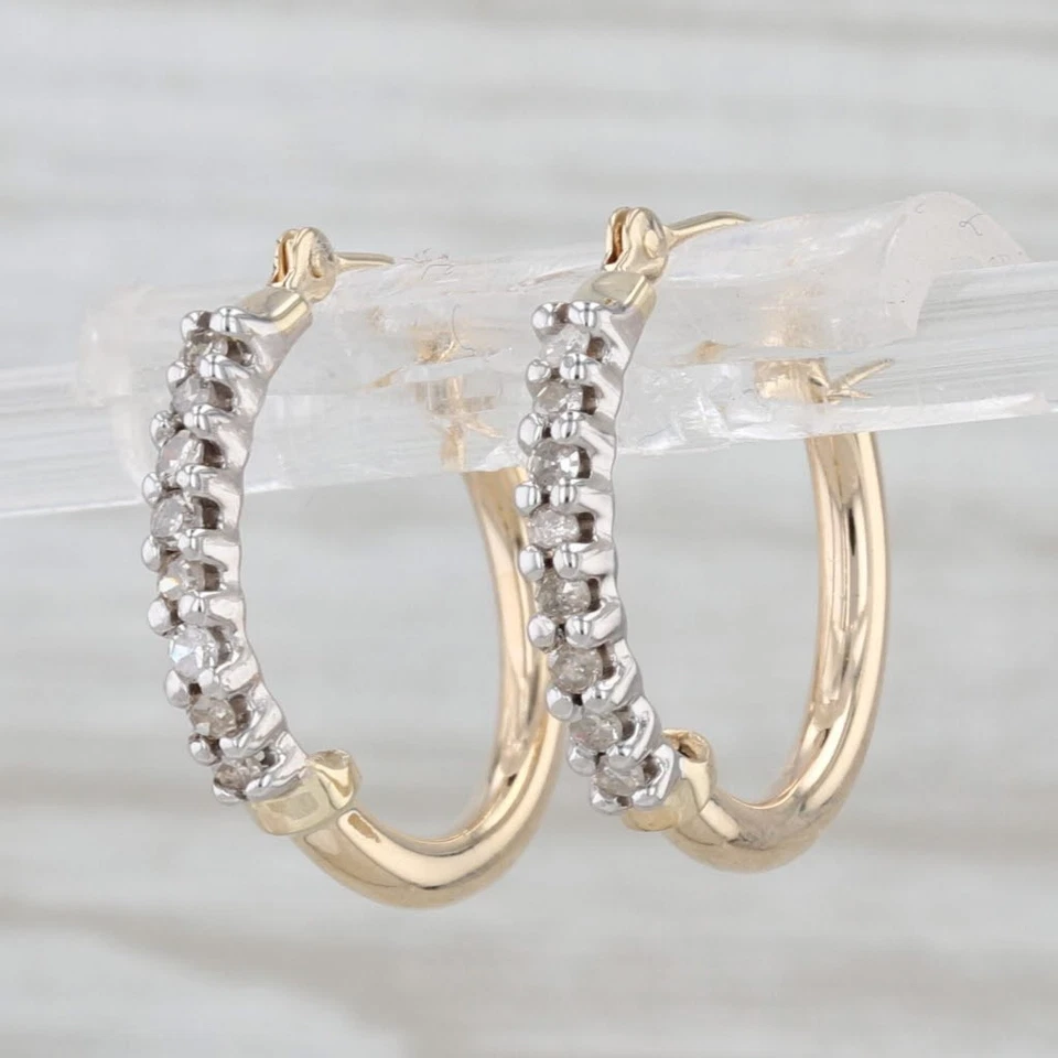 0.15ctw Diamond Hoop Earrings 10k Yellow White Gold Snap Top Round Hoops - Image 2 of 4