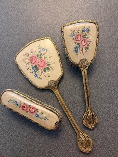 Vintage Three Piece Embroided Dressing Table Vanity Set