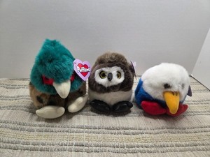 Vintage collectible Puffkins plush three birds Owl, pheasant and eagle