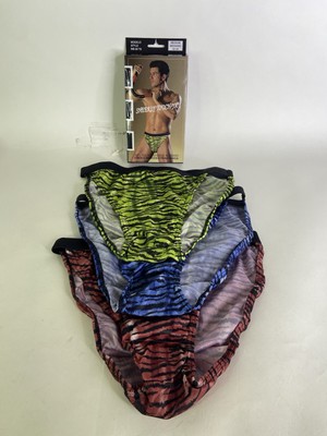 VTG Sheerly Touch-Ya Mens Size M 3 Pair String Tanga Brief Underwear Tiger Print