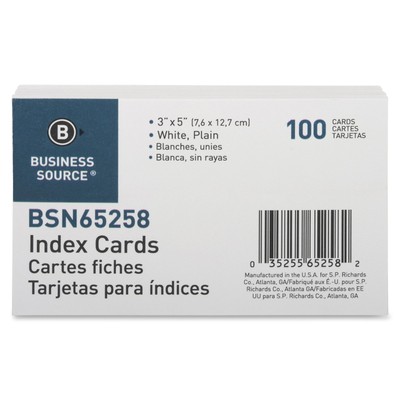 Business Source Index Cards, Plain, 3'' x 5'', White, 100 Count