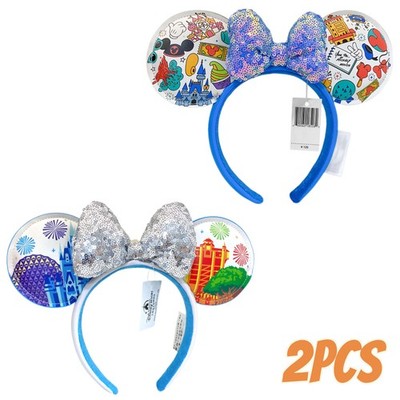 Disney~Park WDW Park Icons Minnie Ears +Castle Epcot Dole Whip Bow Headband 2PCS