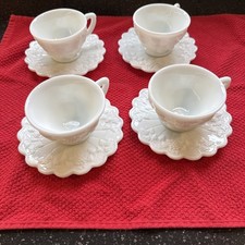 WESTMORELAND PANELED GRAPES MILK GLASS SET OF 4 COFFEE TEA CUPS & SAUCERS