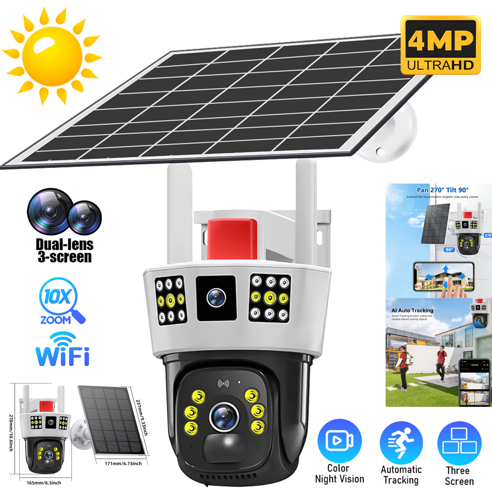 Solar-Powered Wireless Outdoor Security Camera with Pan Tilt and Triple Lenses-image
