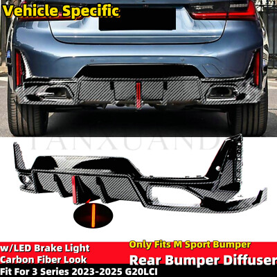 Carbon Fiber Look Rear Bumper Diffuser W/LED Light For BMW 3 Series 23-25 G20LCI