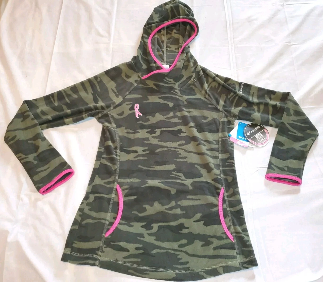 Columbia Camouflage Breast Cancer Awareness Fleece Hoodie Sweatshirt Womens MED