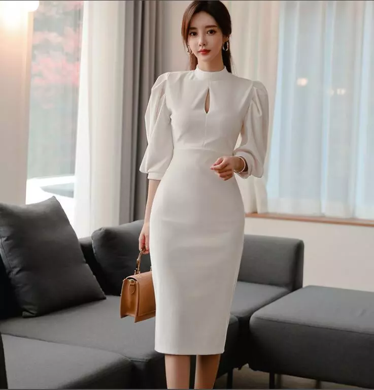 Women Puff Sleeves Hip Package Pencil Dress 2023 Fashion Mock Neck Cutout