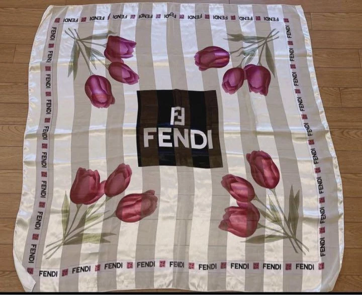 FENDI Large Scarf Flower pattern Beige 100x100cm Silk Vintage eBay