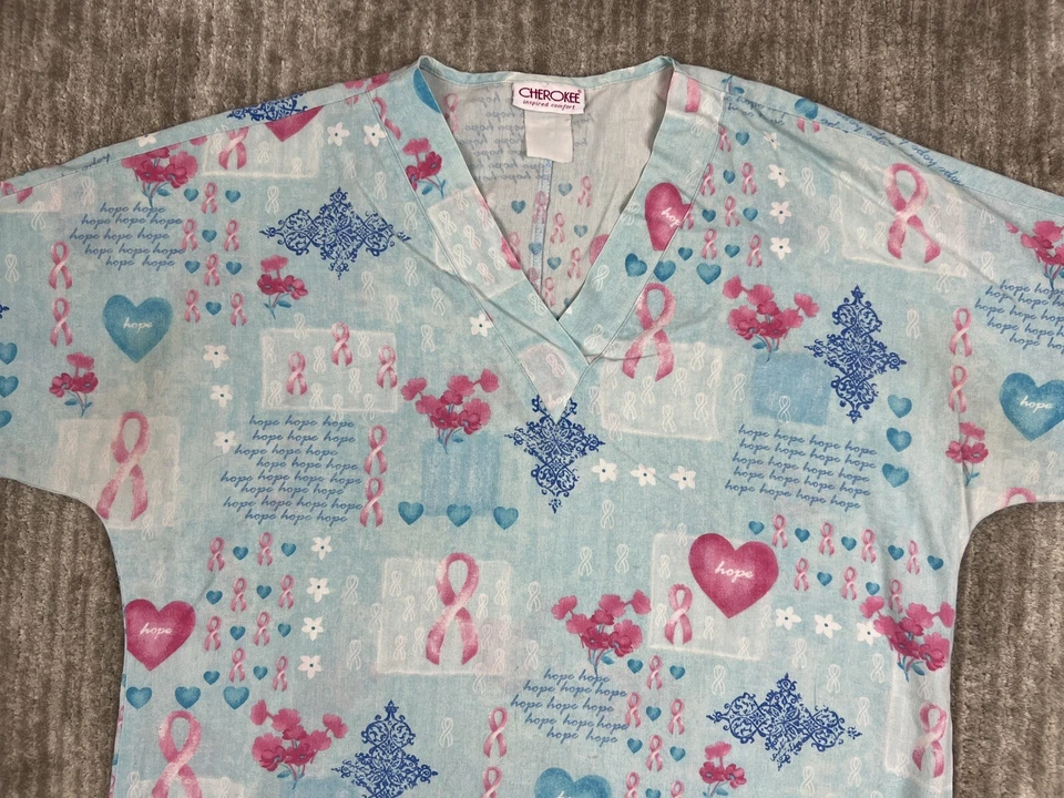 Cherokee Scrub Top Womens Medium Blue Work Wear Pink Ribbon Hope - Image 2 of 4