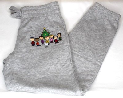 Girls Gray Peanuts Charlie Brown, Jogging Pants, Christmas Snoopy Size S & M NEW