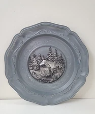 Vintage Koziol Gestzl Gesch  Pewter Decorative Plate SD Cottage In Fir Trees