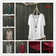 Women Short Sleeve T-Shirt Tops V Neck Summer Ladies Cotton Plain Loose shirt