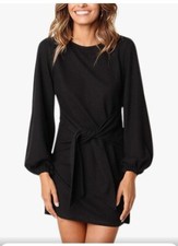 Womens Fashion Casual Wrap Dress Puff Sleeve Cocktail Tie Skirt Size S Party