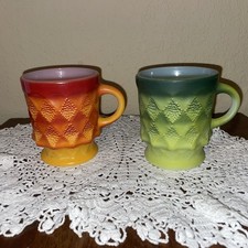 VTG Anchor Hocking Fire King KIMBERLY Textured Diamond Orange & Green Mugs USA