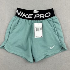 Nike Pro Training Shorts Kids XS Teal Green White Solid Swoosh Elastic Dri Fit