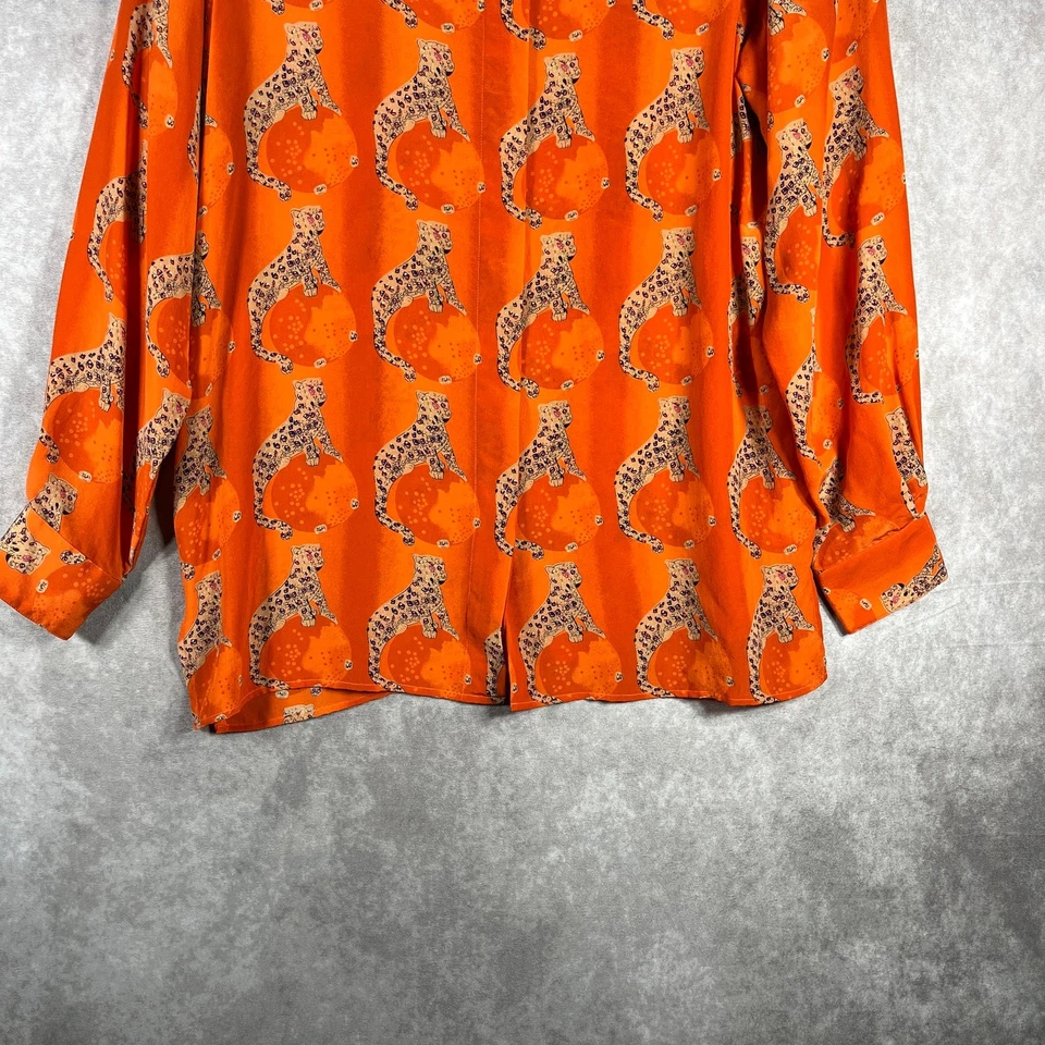 Blusa de piano vintage para mujer mediana naranja estampado de guepardo seda artística dinero antiguo  Foto 3 de 4