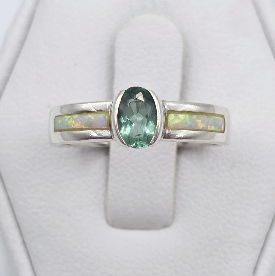 Vintage Signed Sterling Silver Aquamarine Opal Gemstone Ring Signed Native MF - Image 3 of 4