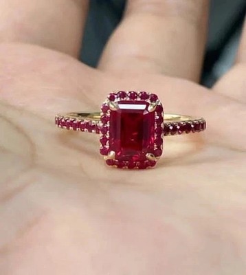 3.41 Ct Emerald Cut Ruby &Diamond Wedding Engagement Ring 14K Solid Yellow Gold