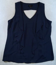 AB Studio Blouse Womens XL Navy Blue Sleeveless Front Ruffle Rear Keyhole