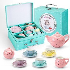 CHENP.HMC 13 Piece Tea Party Set for Kids - Cups Saucers Plates Trays