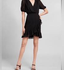 Express Black Swiss Dot Ruffle Mini Dress V Neck Short Sleeve Party medium