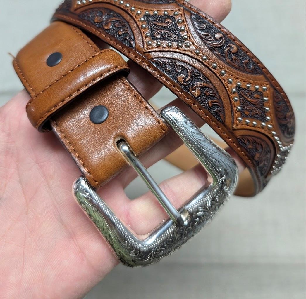 vintage JUSTIN buckle belt WESTERN leather 36 brown STUDDED  display picture 1