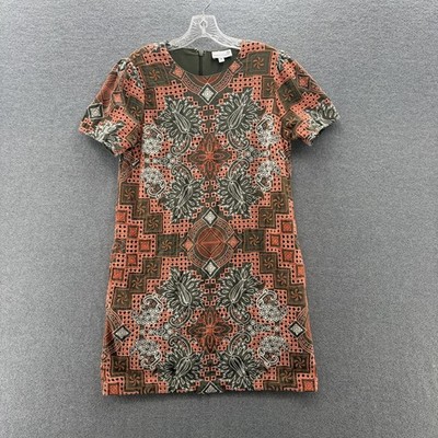 Cartolina Nantucket Dress Medium Green Orange Embroidered Mini Shift Pockets