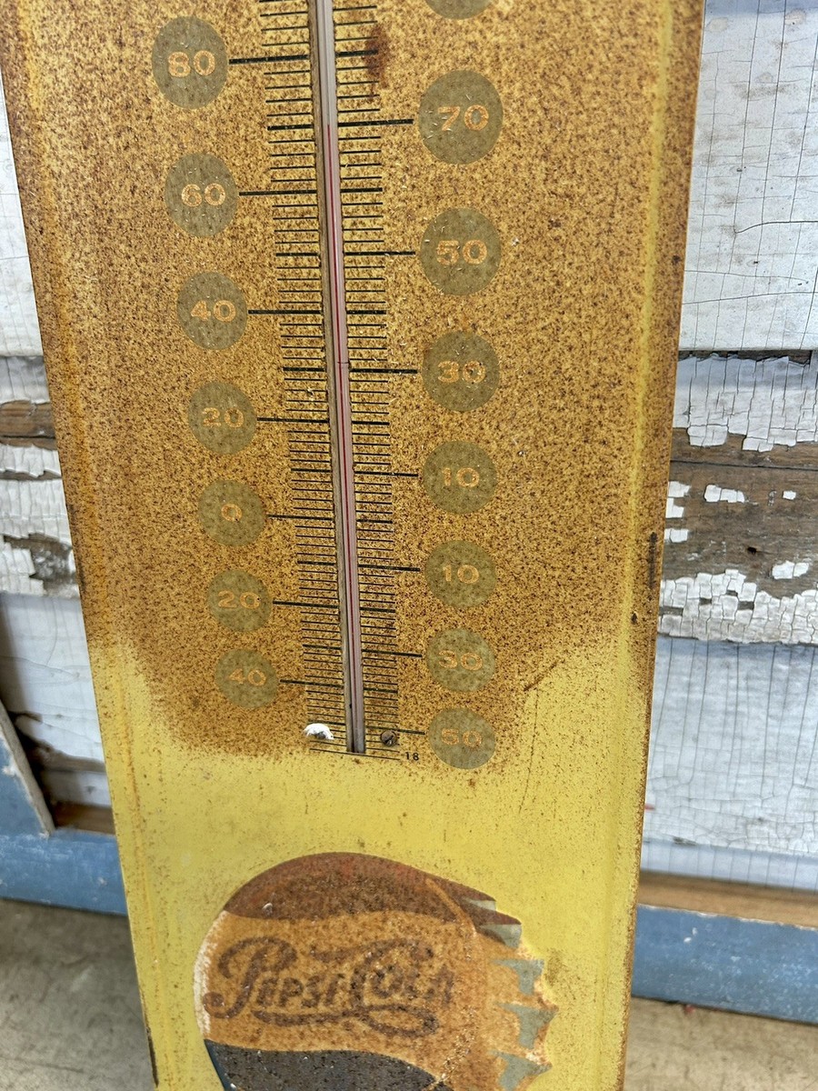 Vintage Say Pepsi Please Thermometer Raised Bottle Cap Yellow Sign