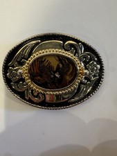 Western Eagle Belt Buckle Cowboy Resin Pheasant Feathers Vtg 80s USA