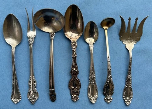 Set of 7 Fancy Sterling Silver Pieces: Forks, Spoons, Ladle 366g Scrap?