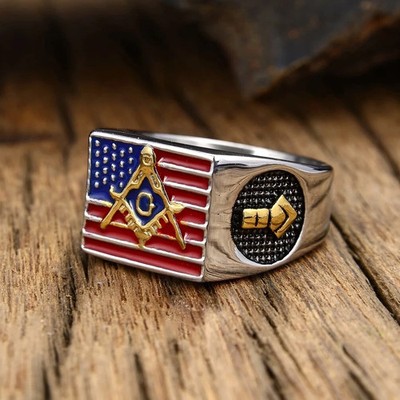 US Flag Masonic Ring Stainless Steel Vintage Freemason Men's Biker Punk Rings