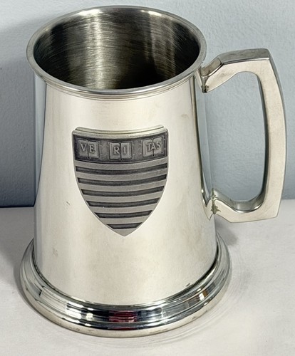 Vintage Sheffield English Pewter Tankard Mug Veritas Shield w/ Glass Bottom