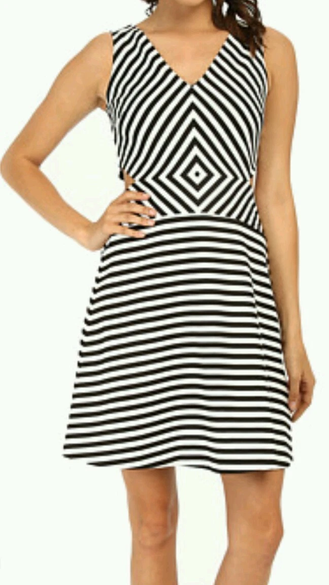 NUOVO! Abito Michael Kors nero bianco stampato a righe taglia 8 14