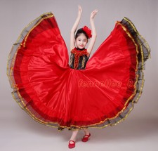 Girls Flamenco Dancer Costume Gypsy Spanish Folklorico Performance Satin Dress