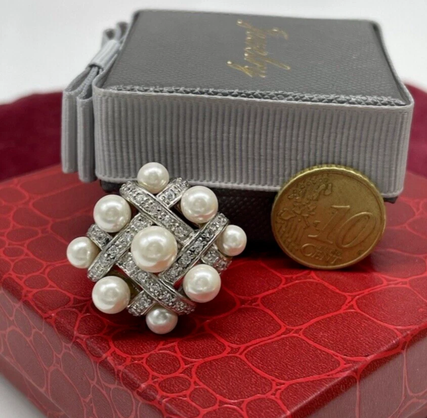 ANELLO DONNA CUPOLA DI PERLE E PIETRE ARGENTO 925 ELEGANTE VINTAGE 11,22Gr Mis16 - Immagine 4 di 4