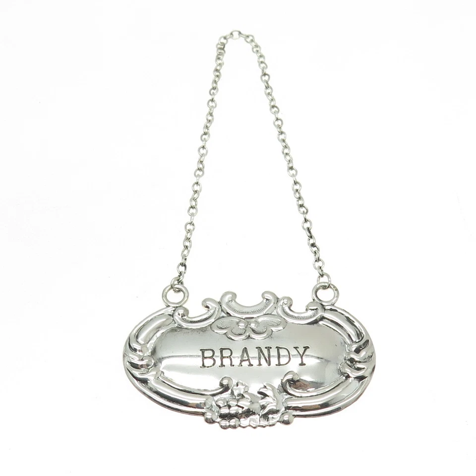 Etiqueta de botella "Brandy" antigua Art Deco de plata de ley 925 WALLACE Foto 4 de 4