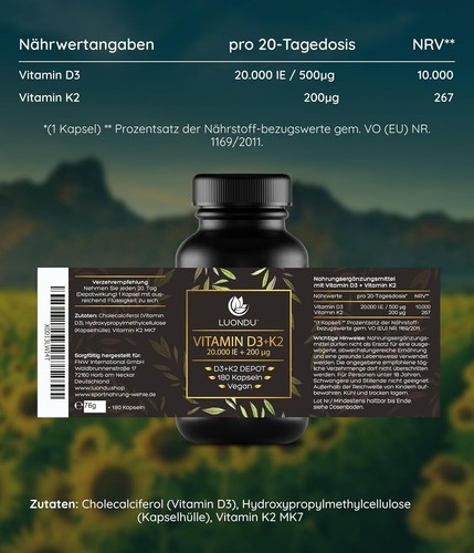 Luondu Vitamin D3 20.000 I.E + Vitamin K2 MK7 200 mcg Depot (Hochdosiert & Vegan - Bild 3 von 3