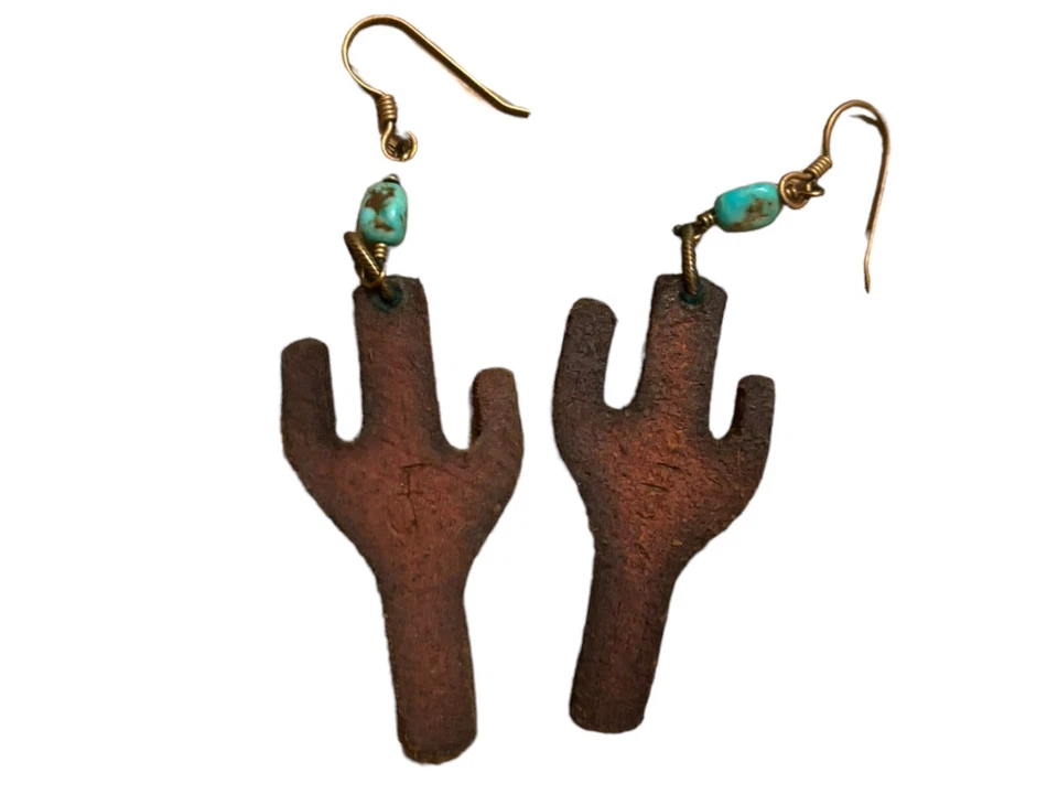 南部西部女牛仔波西米亚皮革仙人掌声明耳环手工雕刻 — 第 4/4 张图片