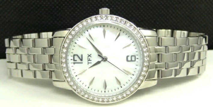 TFX Silver Tone Accented Mother of Pearl Dial W Swarovski Crystals