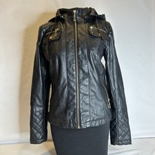 Black Faux Leather Jacket Therapy Sm Zip Off Hood Gold Tone Zippers Photos