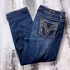 Vigoss Womens Blue Embellished Jeans Capri Mid Rise Denim