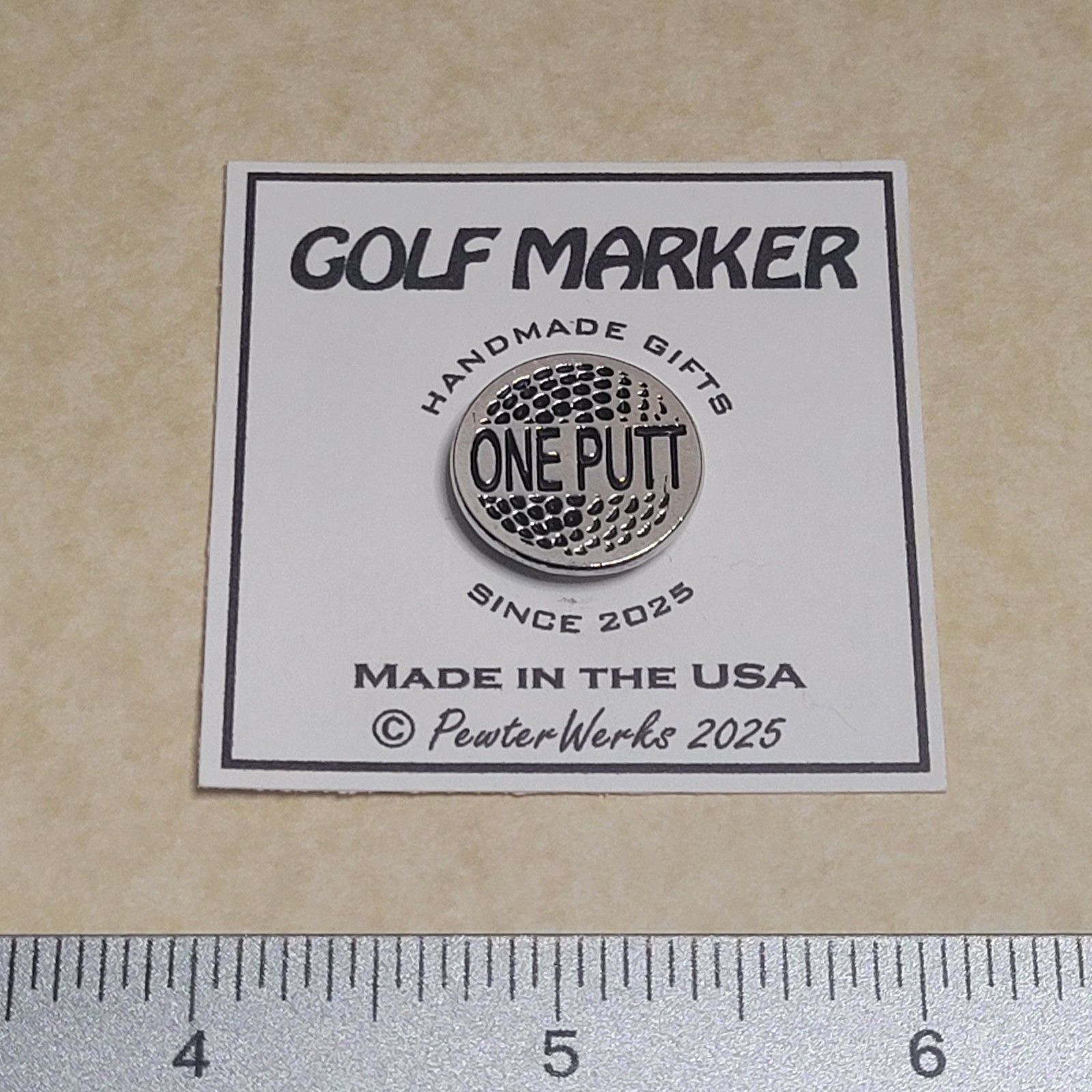 Nickel Plated Pewter Golf Ball Marker "ONE PUTT" by PewterWerks - Brand New