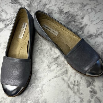 Dana Buchman Women Cap Toe Flats 6 Gray Silver Metallic Espadrille Slip On Comfy