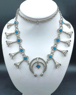 Squash Blossom Necklace Costume Jewelry Faux Turquoise Silver Tone Statement 28''