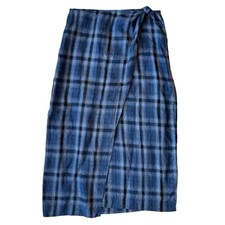 Vtg Lauren Ralph Lauren Skirt 12P Blue Linen Plaid Cottagecore Sarong Wrap READ