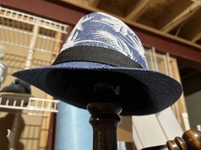 Men s Navy Blue Paper-Woven Aloha Hat with White Palm Tree Graphic   OSFA   MWT