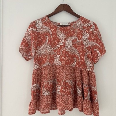 Paper Crane Paisley Babydoll Peplum Top Boho Cottagecore Romantic Blouse Medium