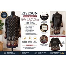 Risesun Womens Boho Shift Dress Black Paisley Ethnic Border Print Small Long Slv