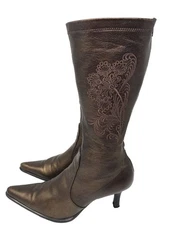 Franco Sarto Vintage Embroidered Bronze Y2K Pointy Kitten Heel Boots Size 10M