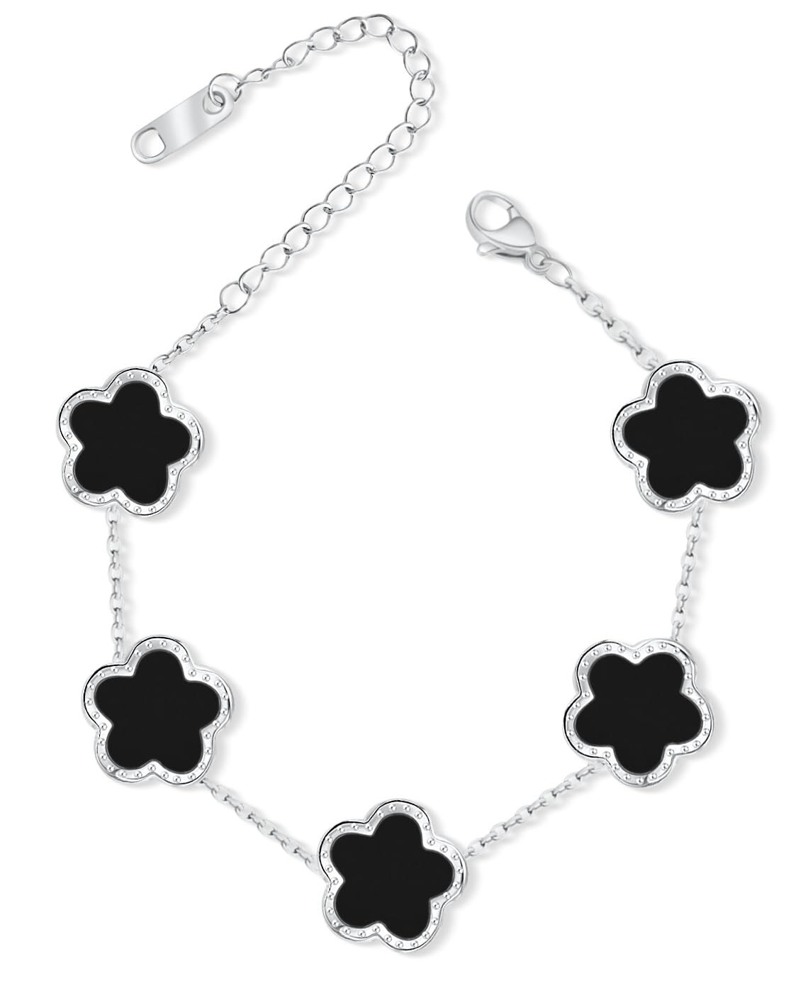 Silver Stainless Steel Lucky 5 Leaf Clover Link Bracelet for Women